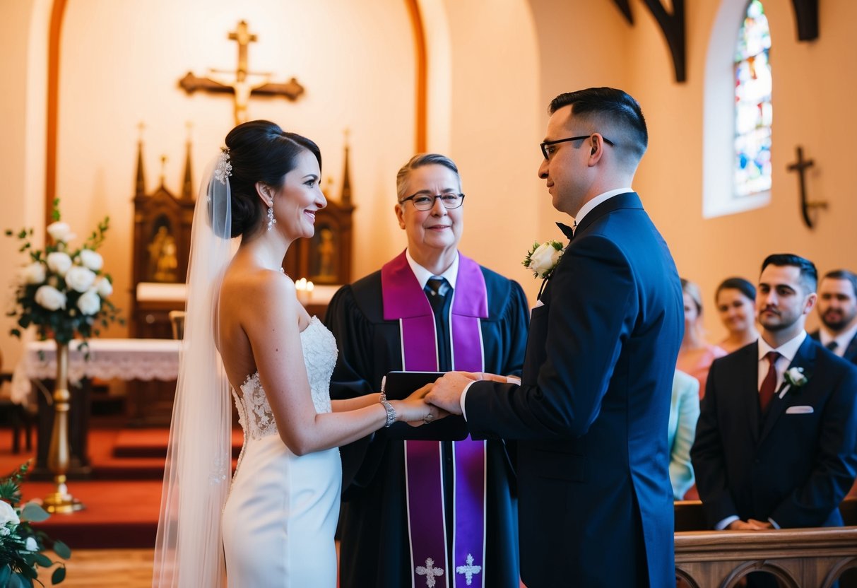The officiant performs a wedding ceremony in a decorated chapel