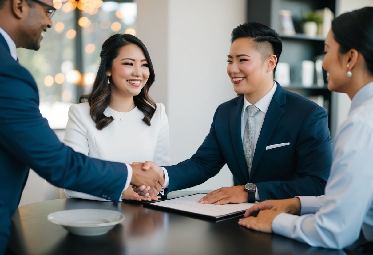 A couple sits at a table, signing a contract with an officiant. They shake hands, sealing the deal