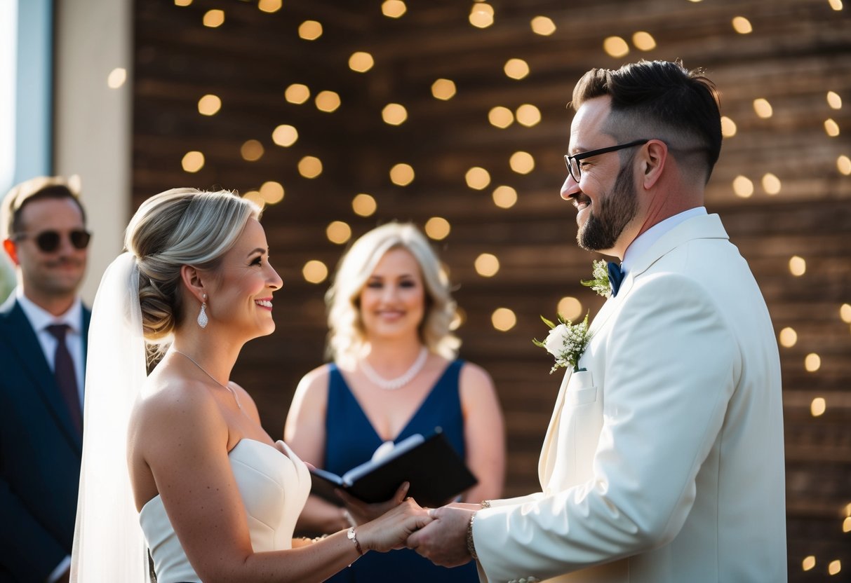 A celebrant officiating a modern non-religious wedding ceremony
