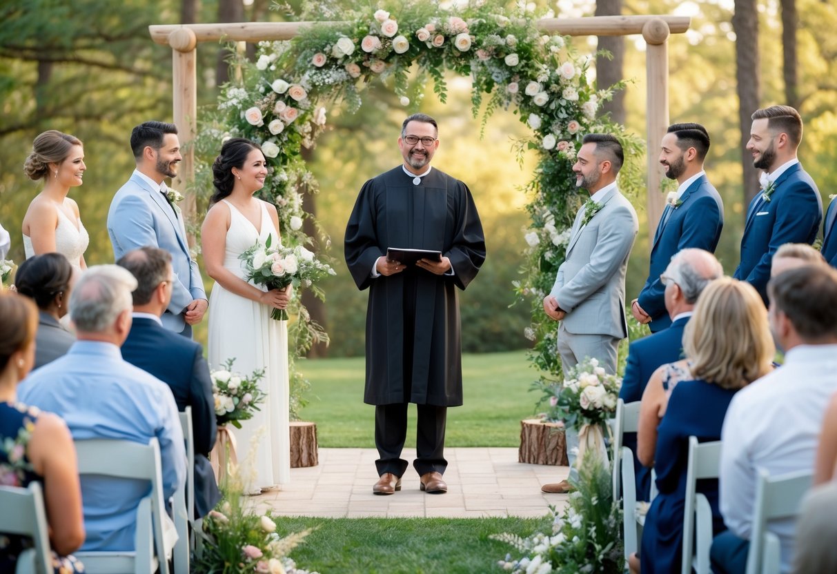 An officiant stands at the center of a serene outdoor ceremony space, surrounded by flowers and natural decor, preparing to lead the couple through their vows