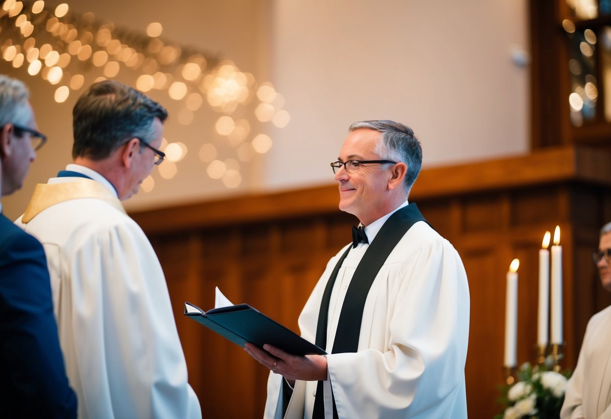 The officiant stands at the altar, ready to lead the wedding ceremony