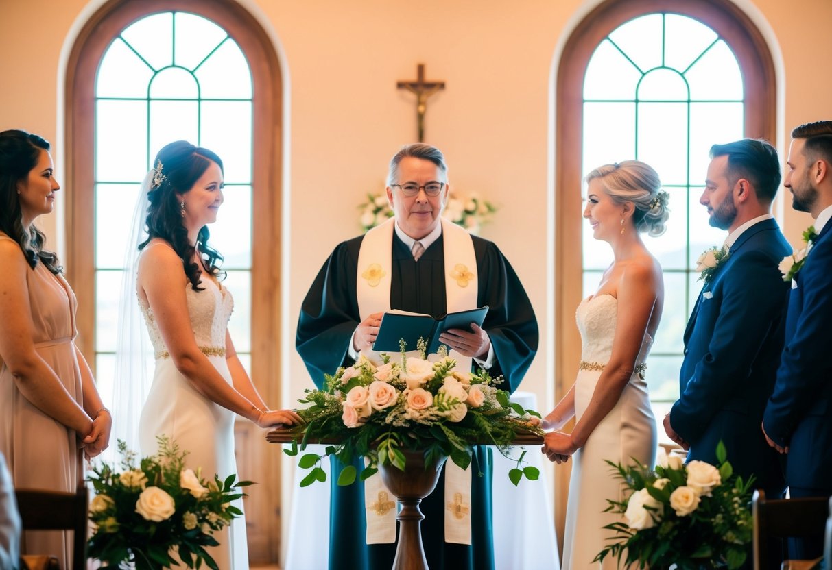 The officiant stands at the center of a flower-adorned altar, speaking solemnly as the bride and groom exchange vows. The warm sunlight filters through the windows, casting a soft glow over the intimate ceremony