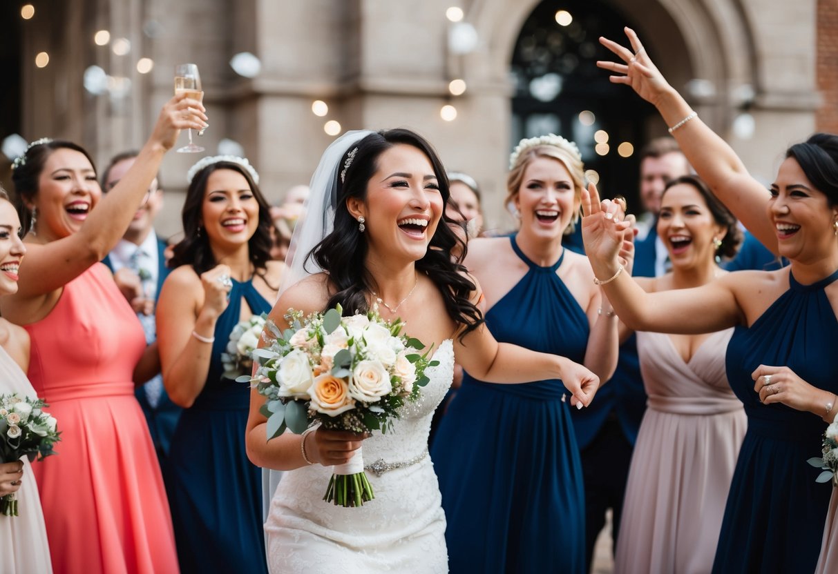 A joyful woman with a bouquet celebrates with the bride
