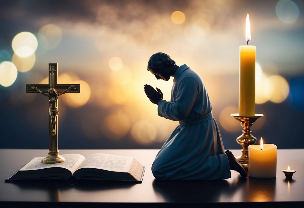 A figure kneeling in prayer, surrounded by symbols of their faith: a cross, a candle, and an open religious text