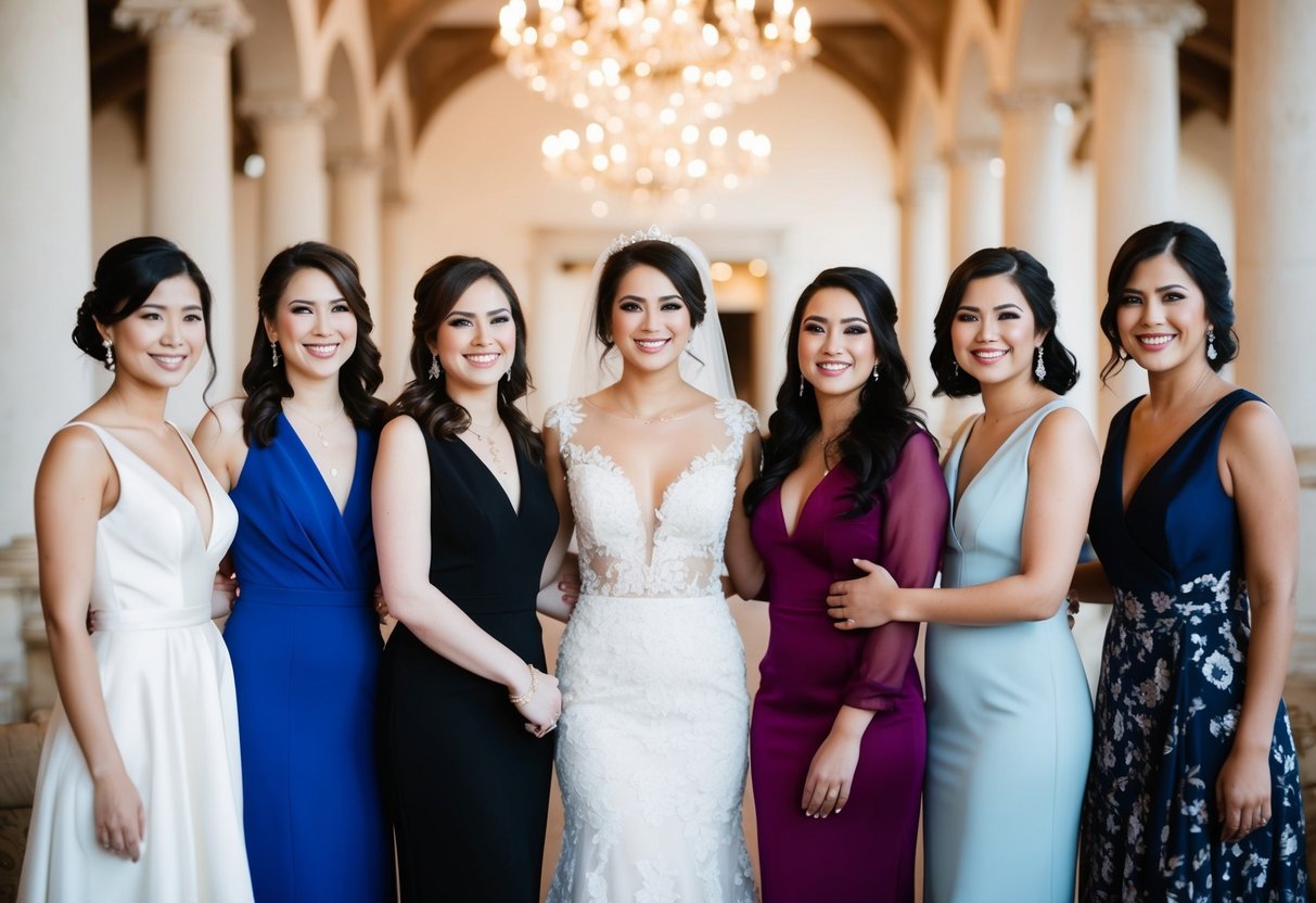 A group of women in elegant attire, with the bride's best friend standing by her side