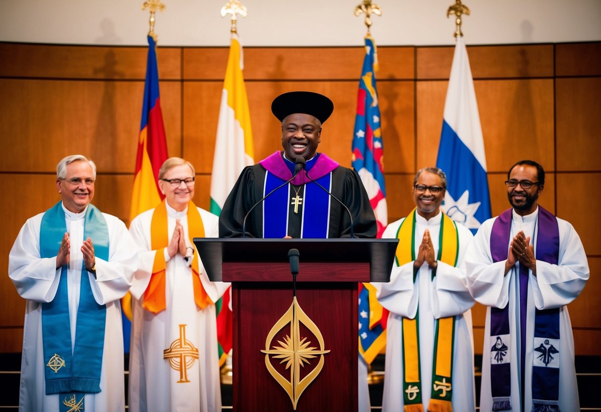 A celebrant stands at a podium, surrounded by symbols of different religions, indicating inclusivity and openness to various belief systems