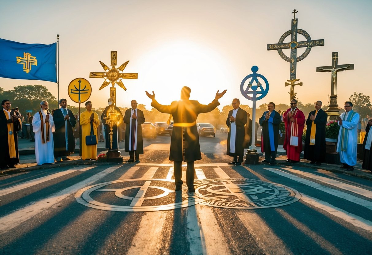 A celebrant stands at the center of a crossroads, with symbols of various religions surrounding them. The sun shines down on the scene, casting a warm glow