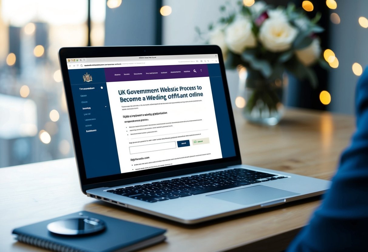 A laptop with a UK government website open, displaying the requirements and application process to become a wedding officiant online