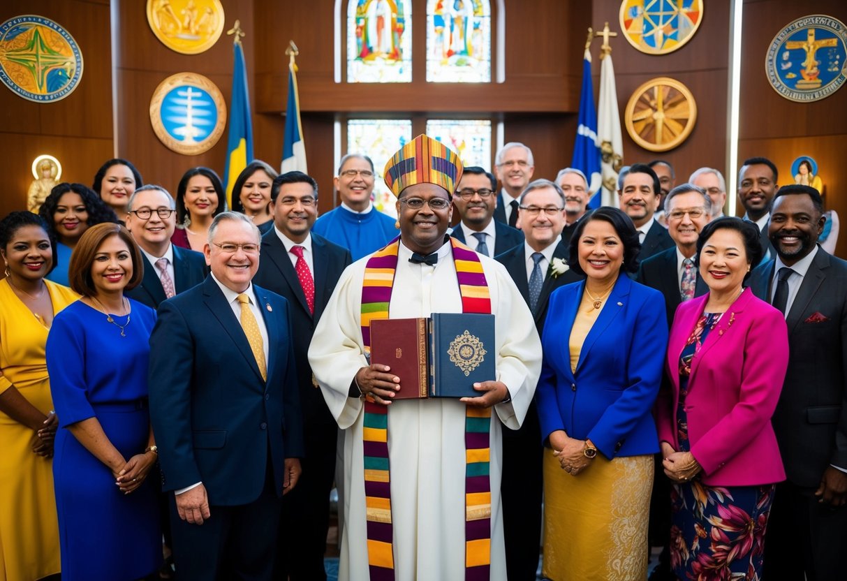 A celebrant stands at the center of a diverse group, surrounded by symbols of various religions and cultures. They hold a book of laws and a ceremonial object, representing the legal and ceremonial aspects of their role