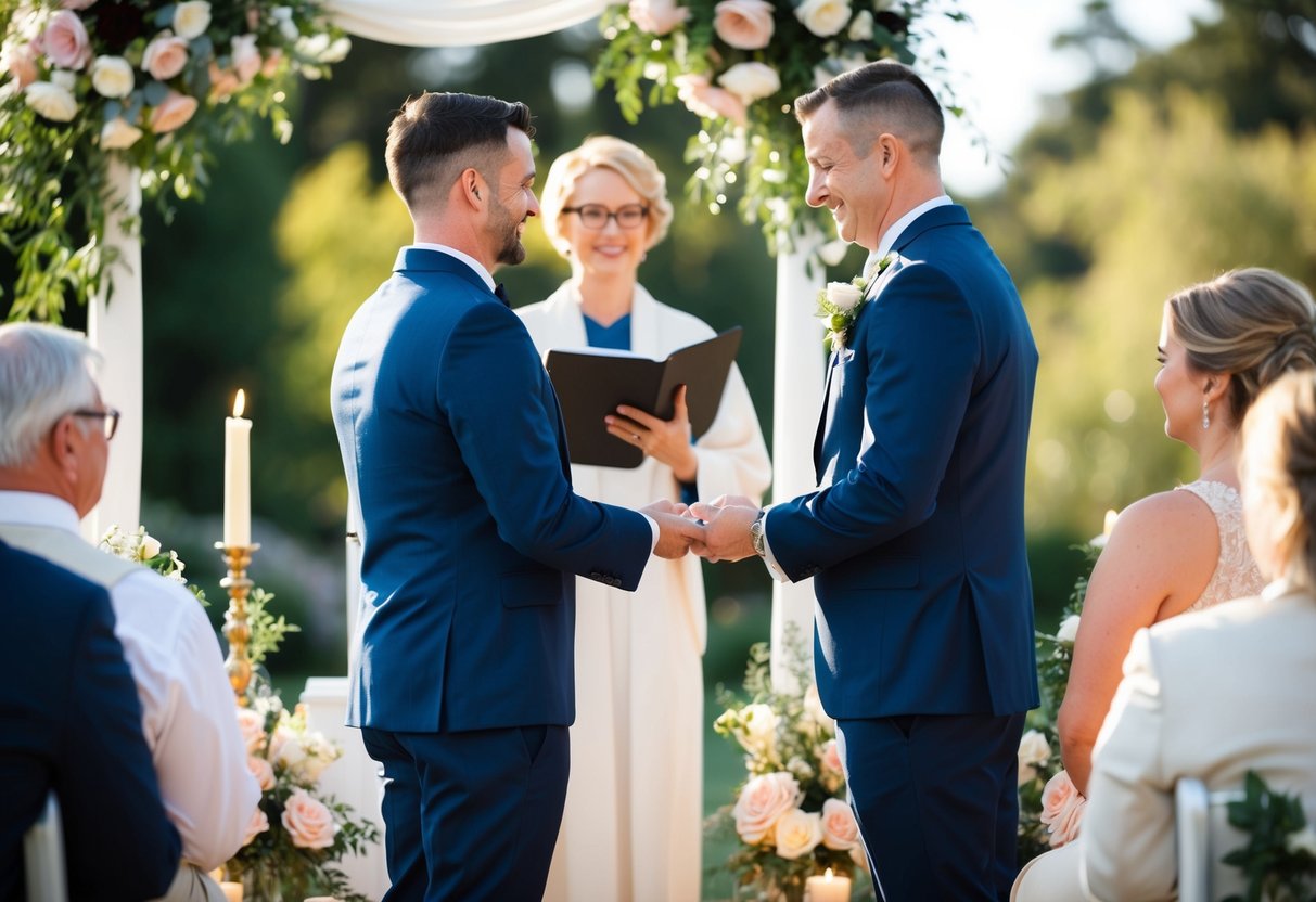 A celebrant stands at an altar, surrounded by flowers and candles, as a couple exchanges vows in a beautiful outdoor setting