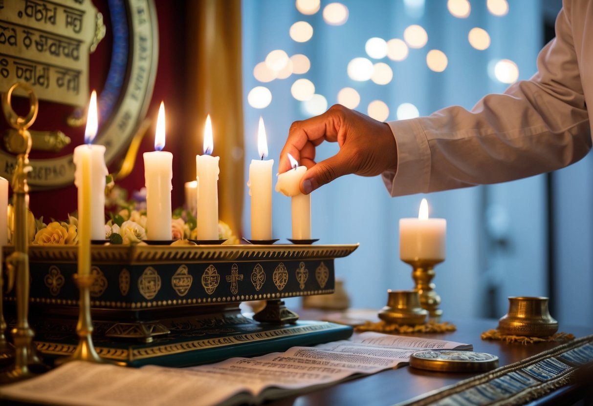 A person lighting candles on a decorated altar, with religious symbols and scriptures surrounding the area