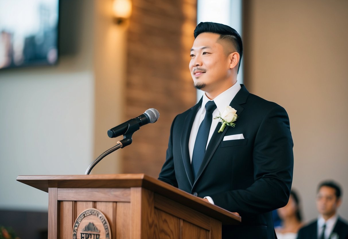 A male officiant wearing a black suit, white dress shirt, and a dark tie, standing at a wooden podium with a microphone