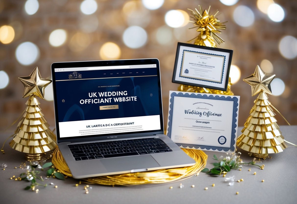 A laptop with a UK wedding officiant website open, surrounded by celebratory decorations and a certificate of accreditation
