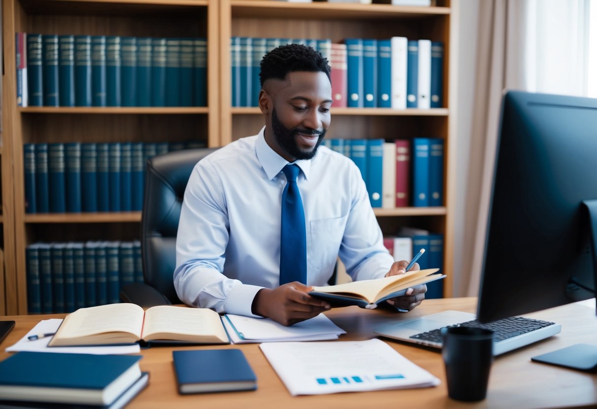 A celebrant studying books, notes, and legal documents at a desk in a cozy home office, surrounded by shelves of reference materials and a computer