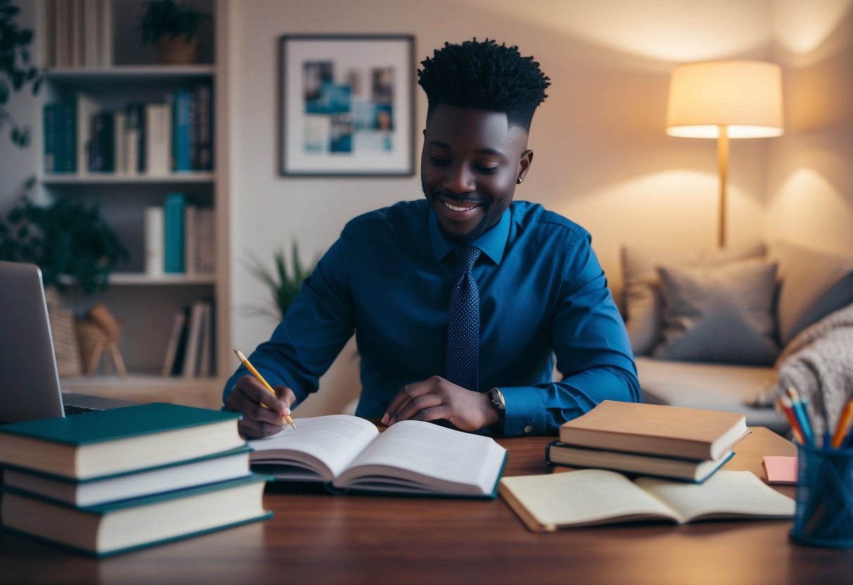 A celebrant studying at a desk with a laptop, books, and notes, surrounded by a cozy and well-lit home office