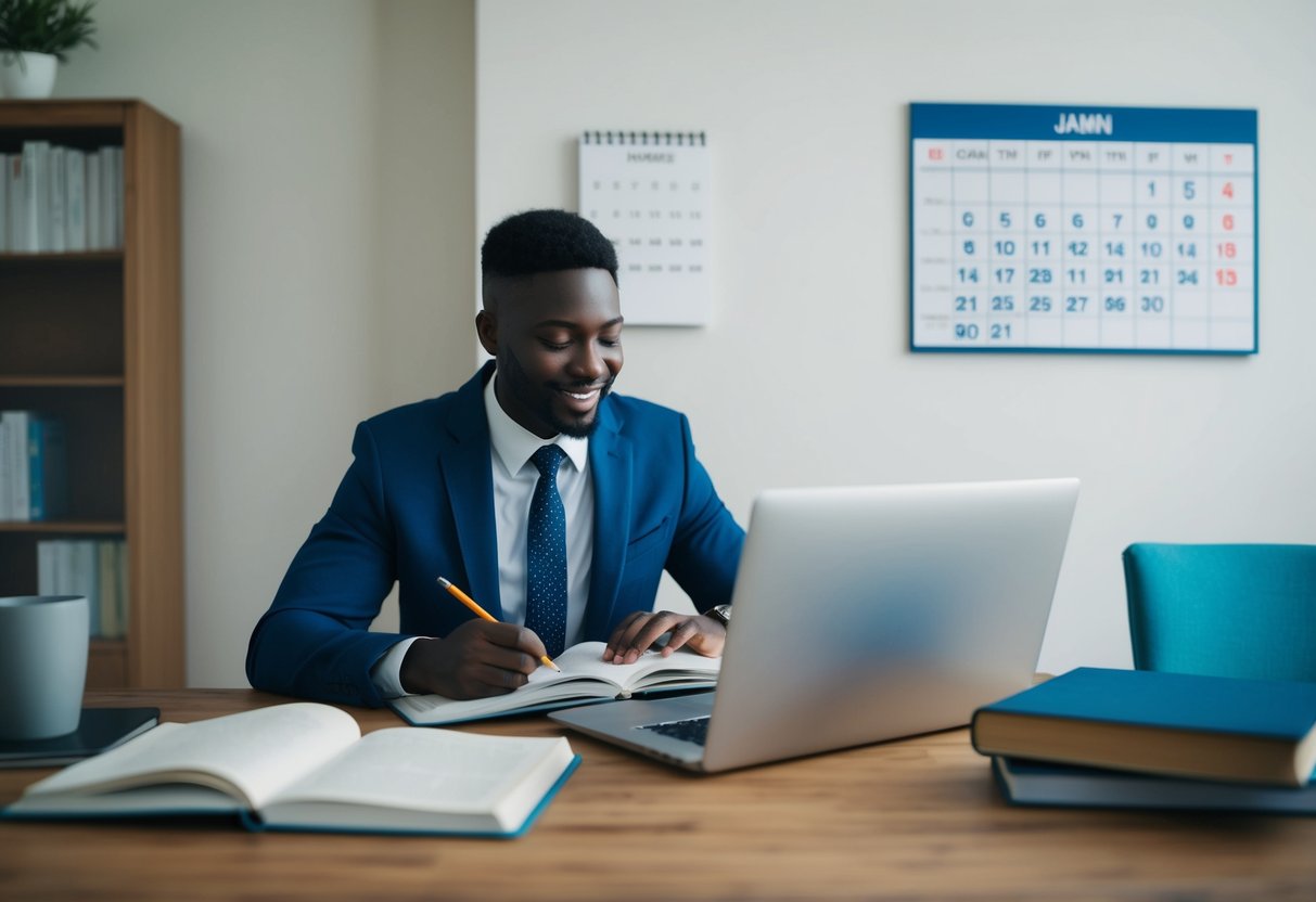 A celebrant studying at a desk with a laptop, books, and notes. A calendar on the wall shows the passage of time