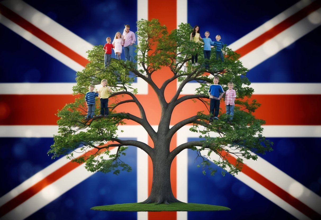 A family tree with branches connecting cousins, set against a backdrop of the UK flag