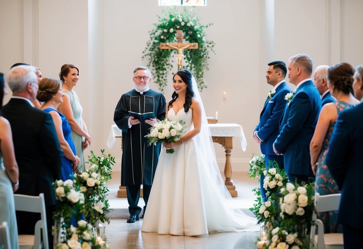 The bride stands confidently at the altar as the officiant addresses the gathering, symbolizing the modern alternative to the tradition of giving away the bride