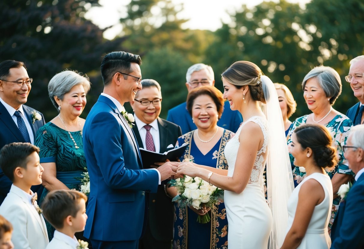 A family gathering with a diverse group of people, representing different cultures and traditions. A wedding ceremony is taking place, with a couple exchanging vows while surrounded by their relatives