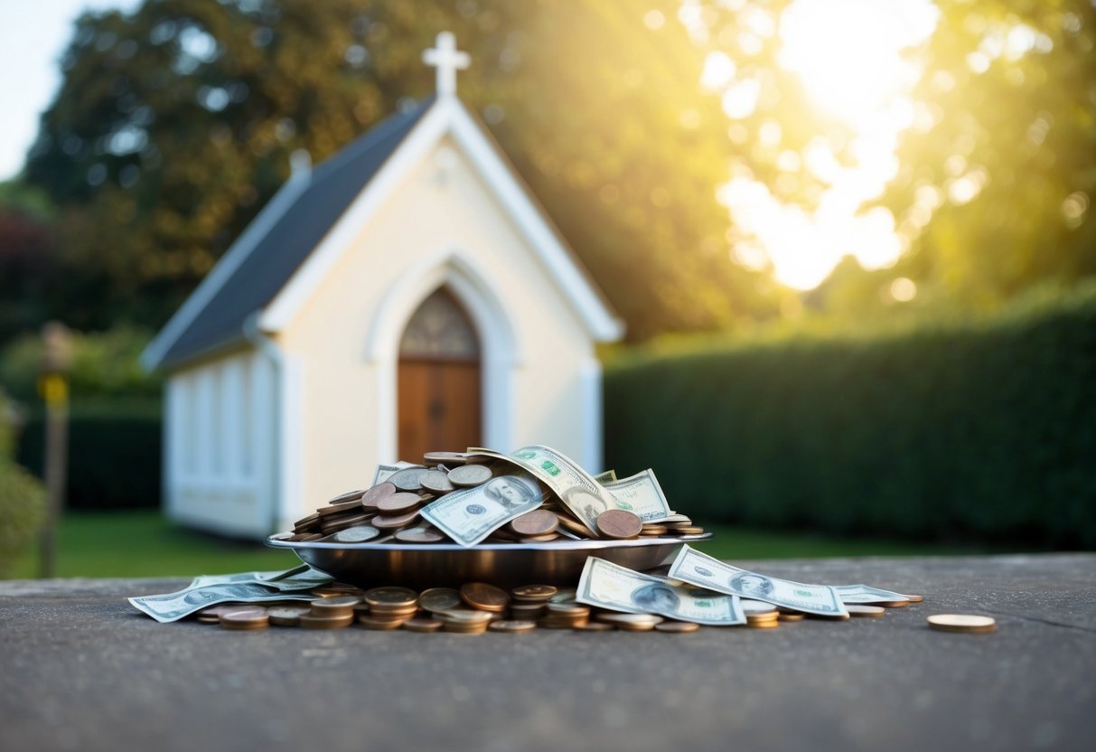 A vicar's salary: a modest church building with a collection plate overflowing with coins and bills