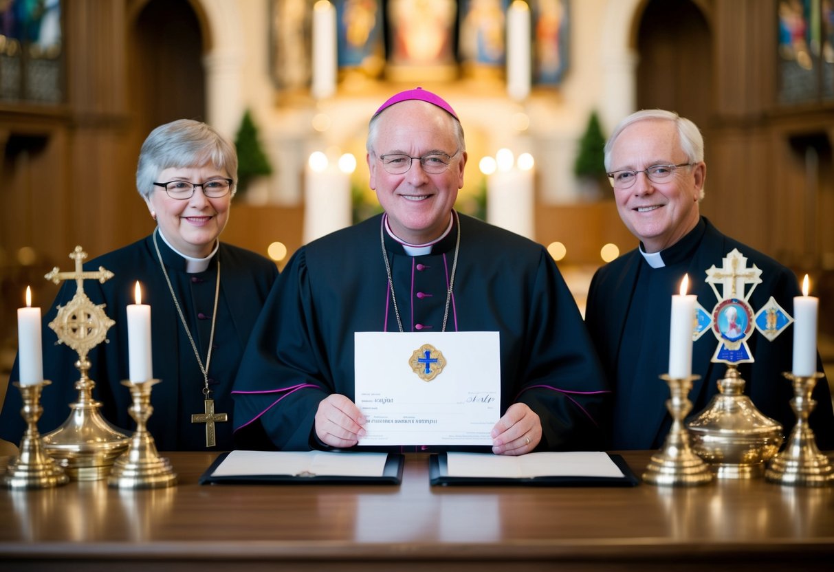 A vicar receives a paycheck, surrounded by symbols of religious service and community support