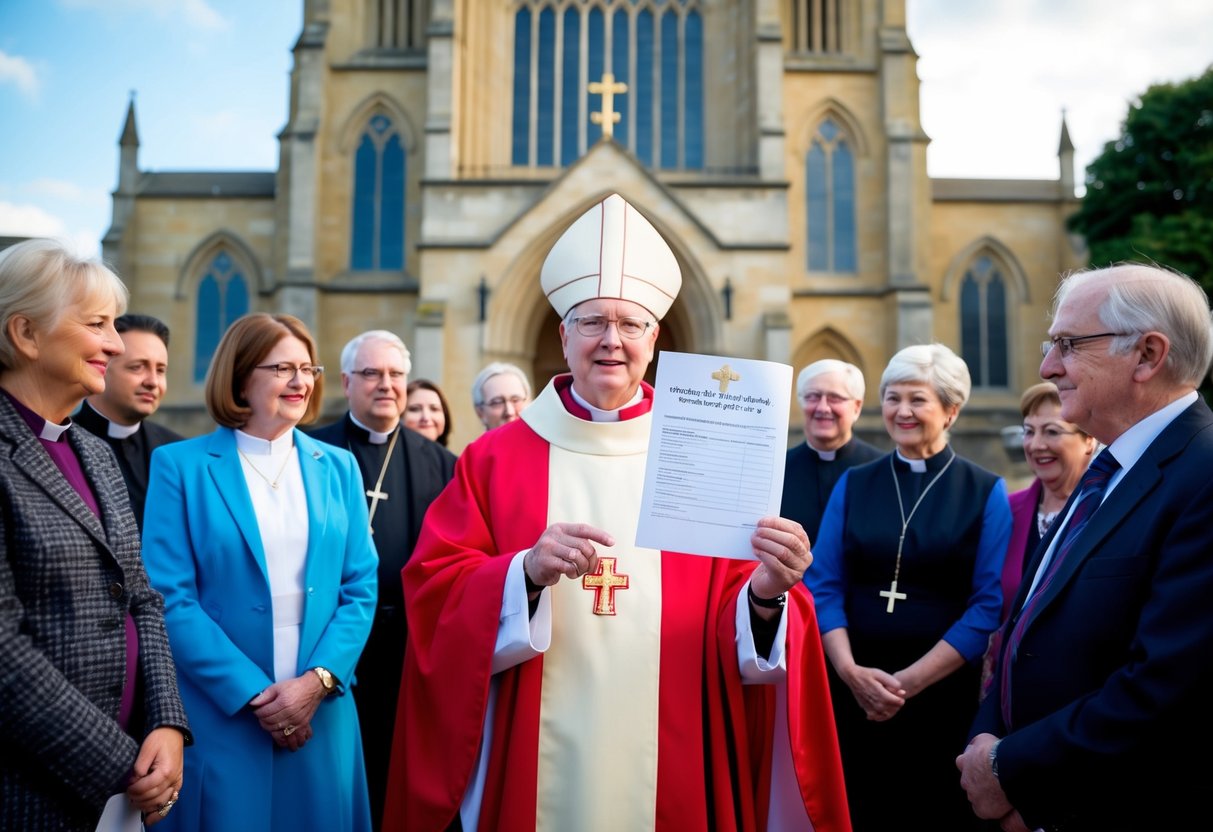 A vicar stands before a grand church, surrounded by parishioners. They hold out a document detailing their salary, while others look on with interest