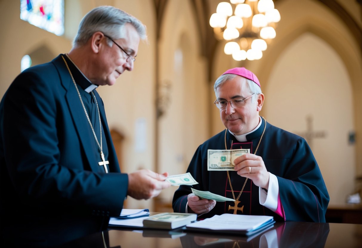 A vicar receiving a paycheck and counting money at a desk