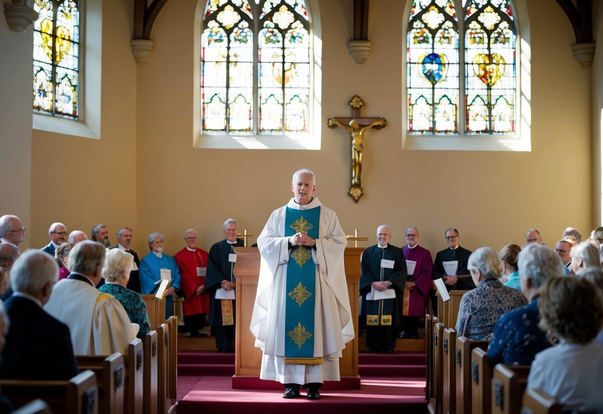 A vicar stands at the pulpit, surrounded by parishioners. Sunlight streams through stained glass windows, casting colorful patterns on the walls