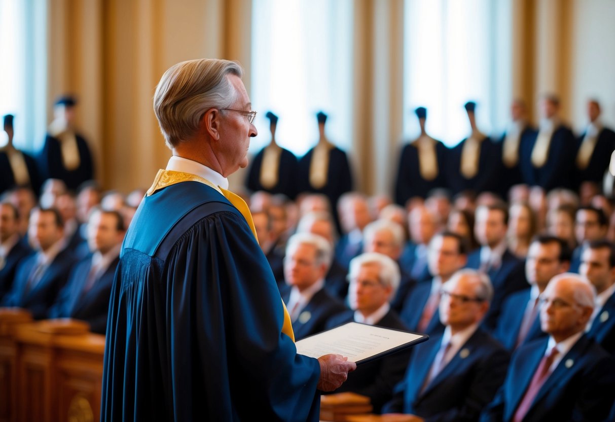 A figure presides over a formal gathering, leading ceremonies with authority and grace