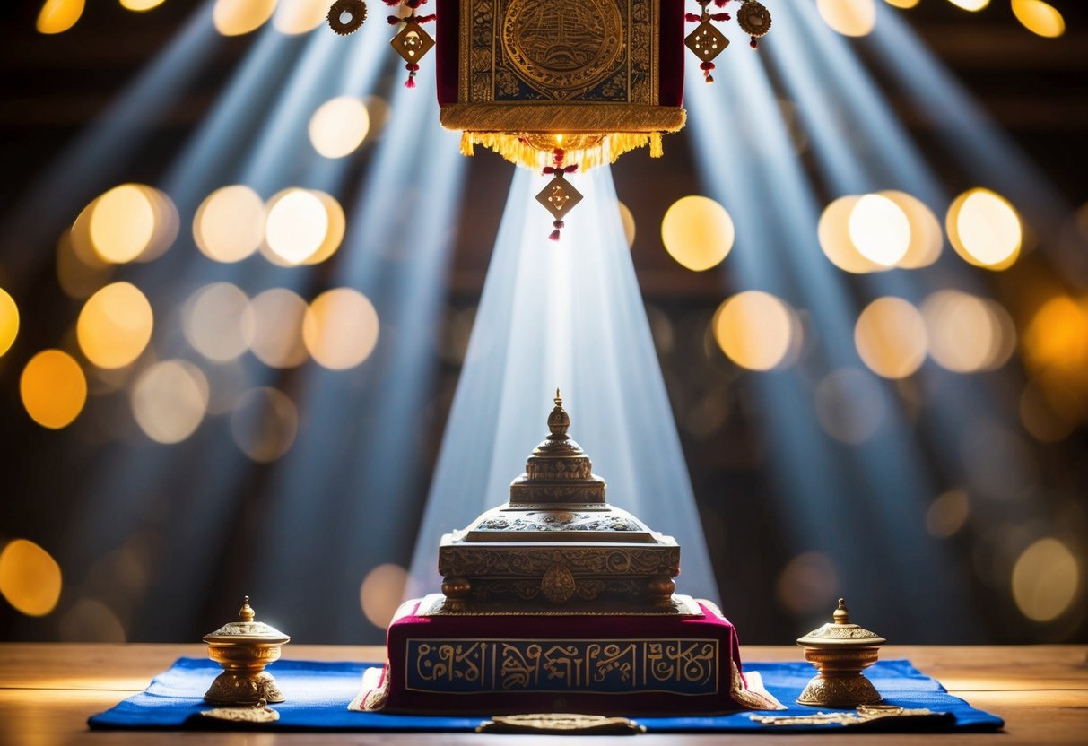 A beam of light shining down on a sacred object surrounded by symbols and ornaments