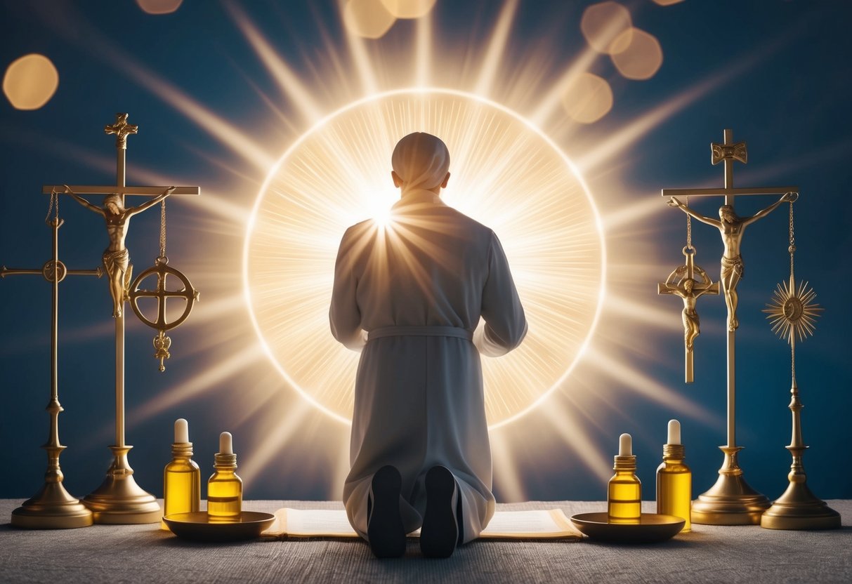 A figure kneeling before a radiant, celestial light, surrounded by symbols of faith and guidance, as they are anointed with holy oil