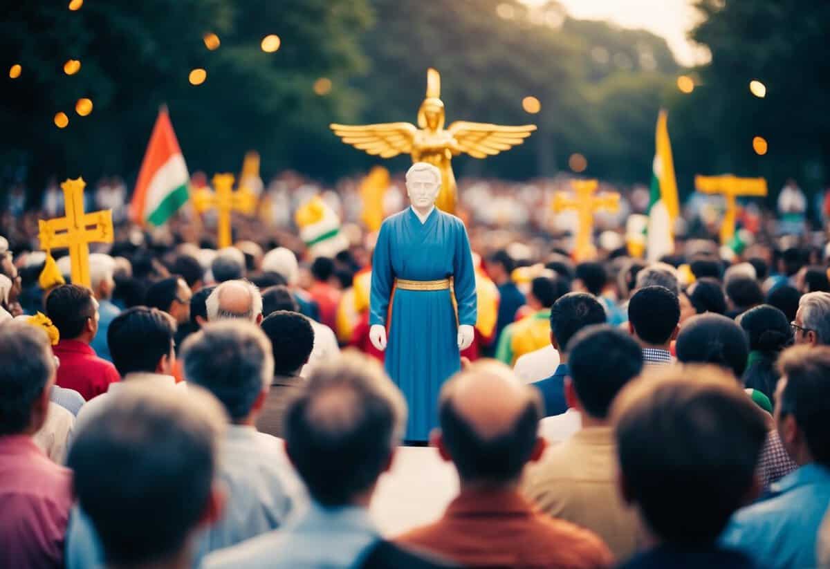 A figure stands at the center of a gathering, surrounded by symbols of unity and celebration