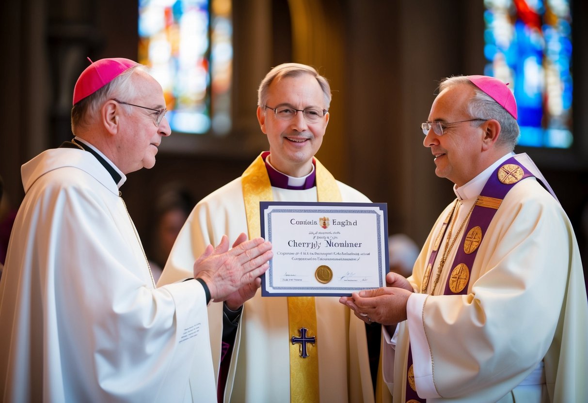 A bishop conferring a blessing on a clergy member with a certificate of permission to officiate in the Church of England