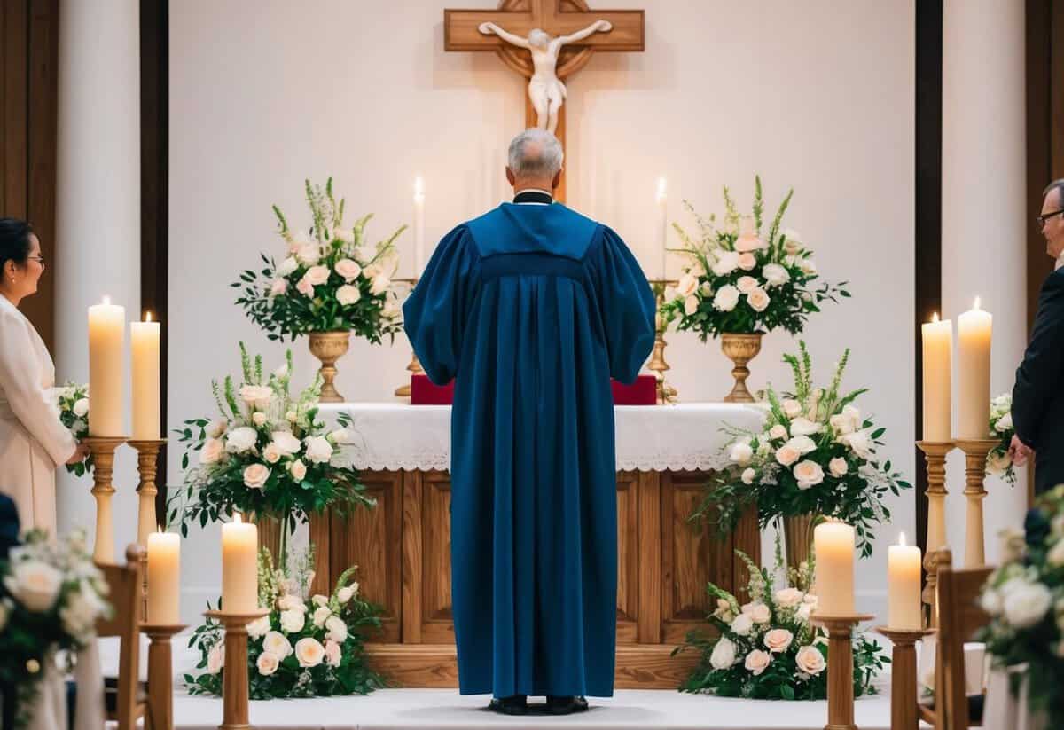 A figure in ceremonial robes stands before an altar adorned with flowers and candles, preparing to officiate a wedding ceremony