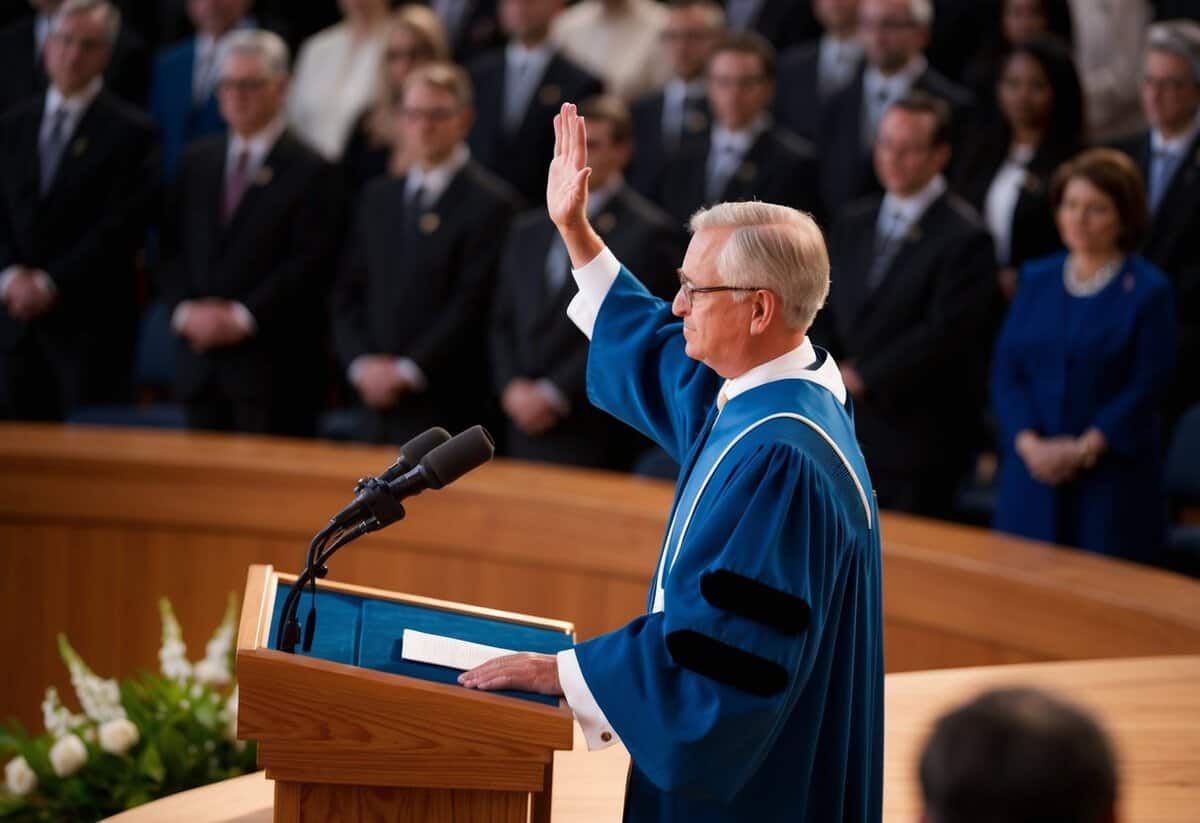 A figure in a formal robe stands at a podium, overseeing a ceremony with a raised hand