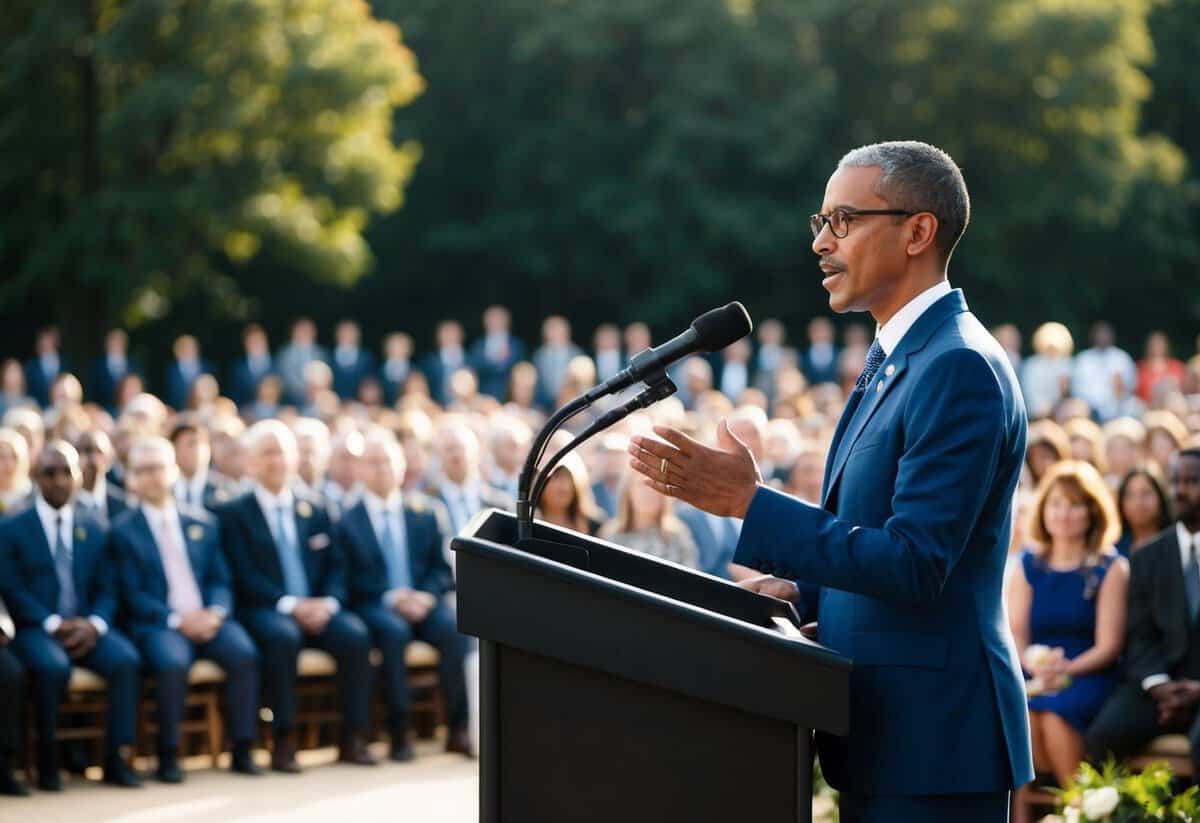 A person stands at a podium in front of a gathering, speaking and leading a ceremony