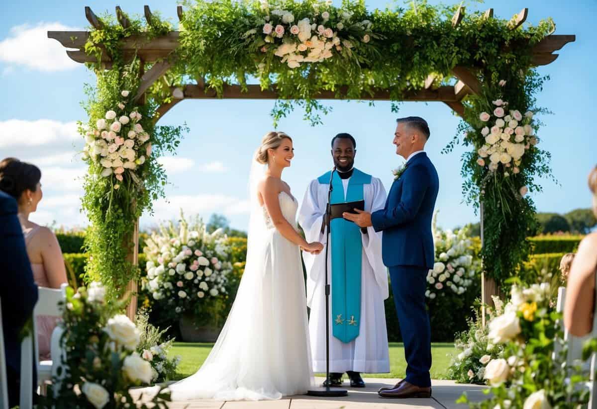 A couple stands at the altar in a lush garden, surrounded by blooming flowers and greenery. A celebrant, dressed in a flowing gown, officiates the ceremony under a bright blue sky