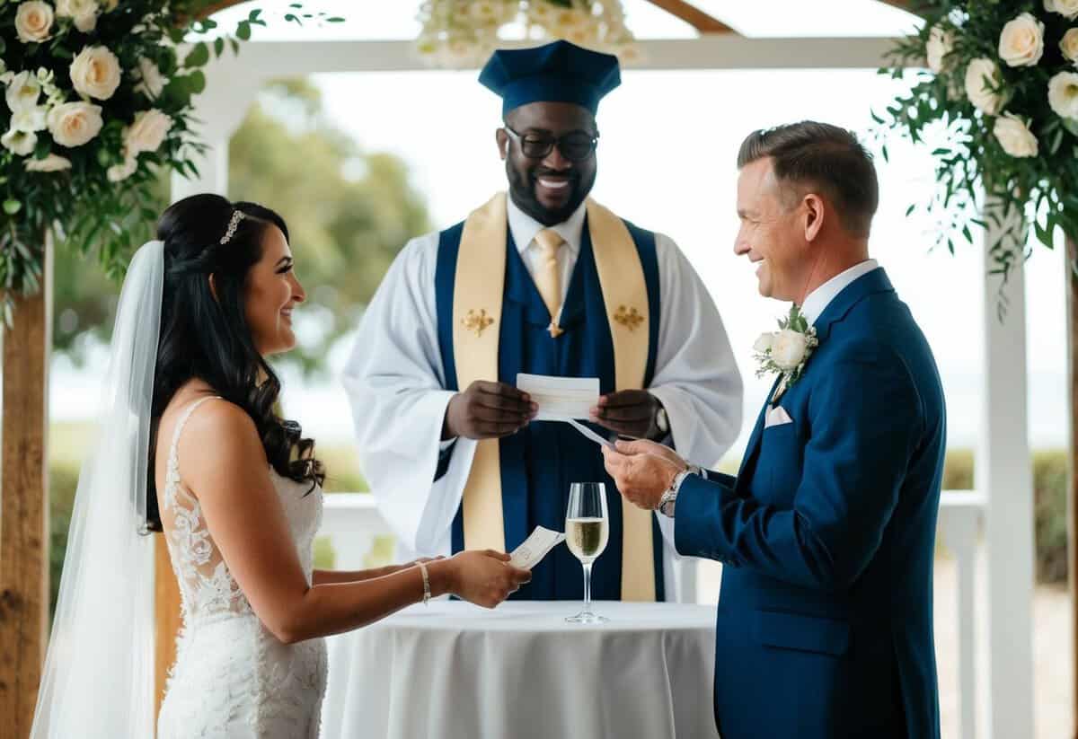A celebrant stands at a wedding altar, receiving payment from a couple