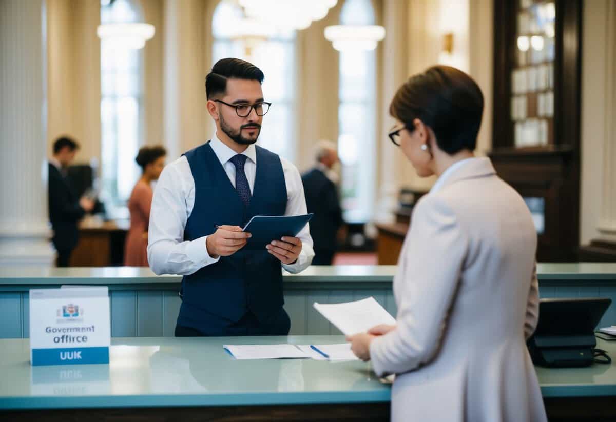 A person standing at a government office counter, asking about ordaining their own wedding in the UK