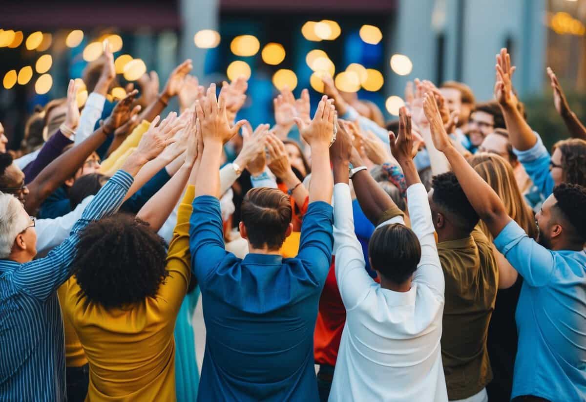 A group of diverse people gathered in a circle, raising their arms in celebration. The scene is filled with joy and unity, regardless of religious beliefs