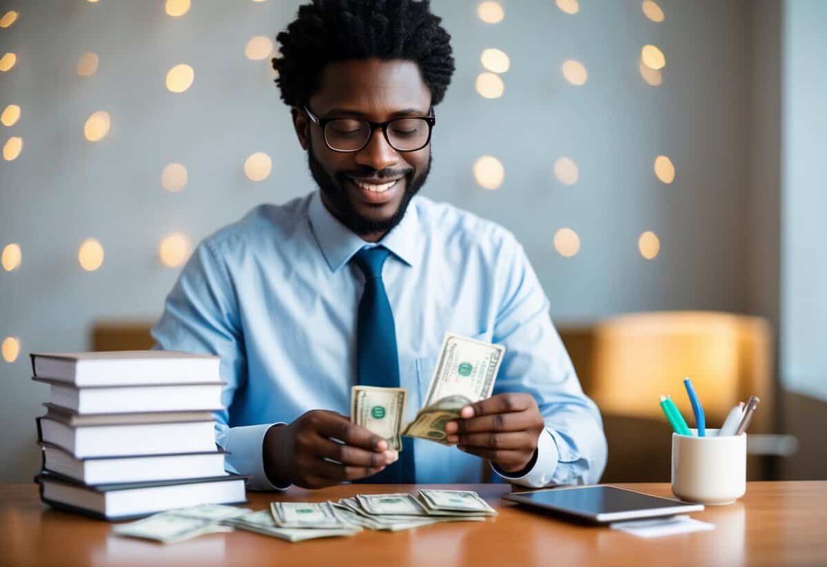 A celebrant counting money and reviewing professional development materials