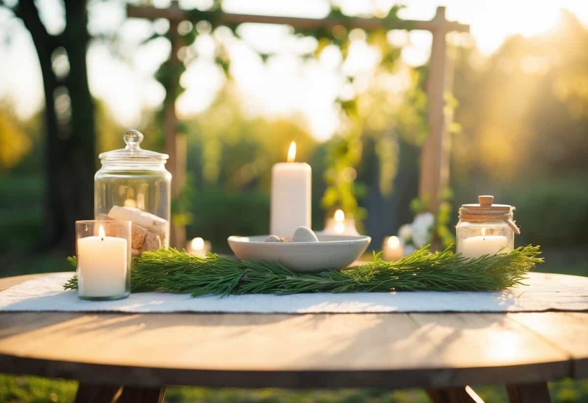 A serene outdoor setting with a simple altar and natural decor, bathed in warm sunlight