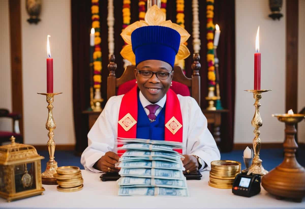A celebrant sits at a table, surrounded by various ceremonial items. A stack of envelopes with money is placed in front of them, indicating payment for their services