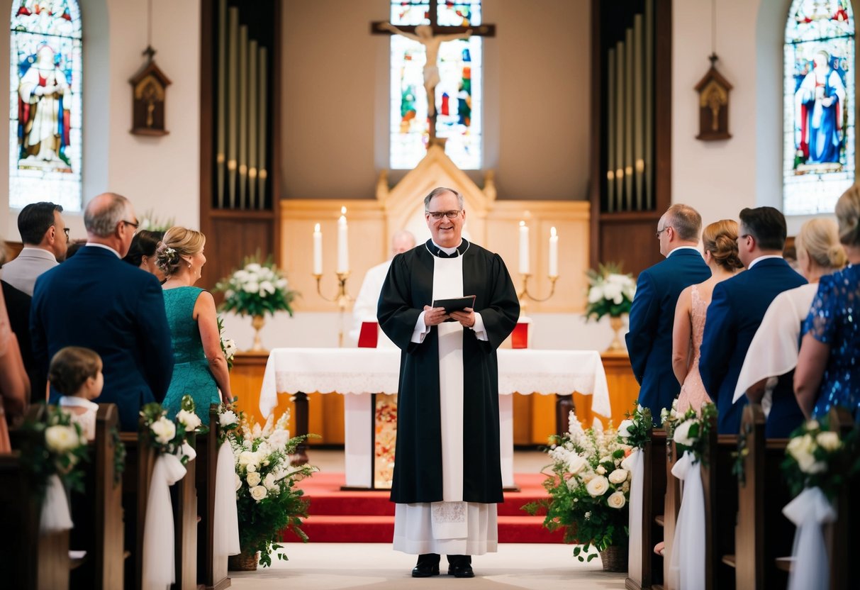 A pastor stands at the altar, presiding over a wedding ceremony in a traditional church setting