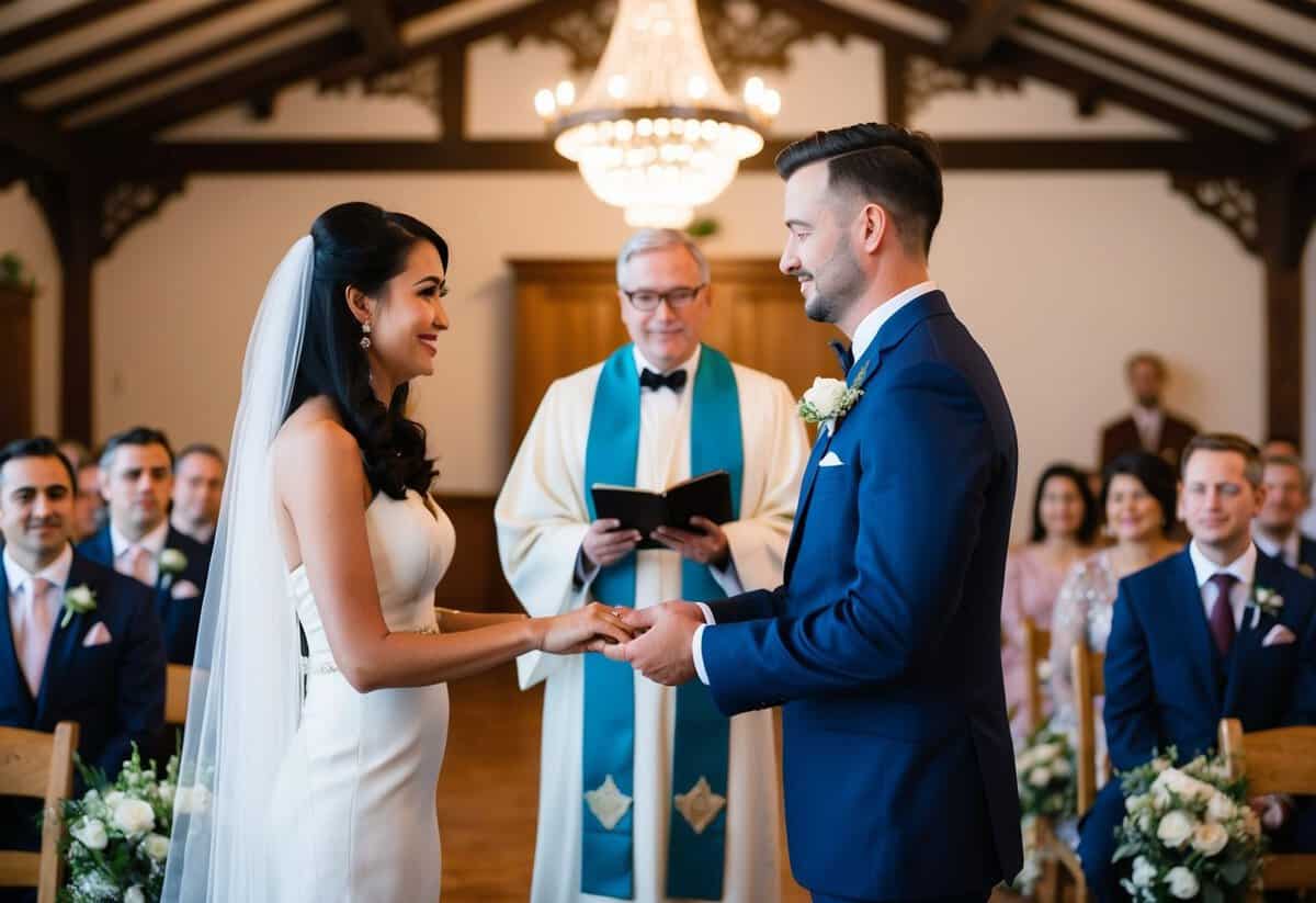 A wedding ceremony taking place in a traditional venue with an officiant presiding over the couple exchanging vows