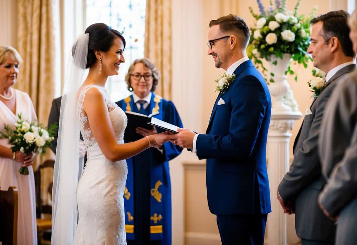 A traditional UK wedding ceremony with a registrar officiating in a decorated venue