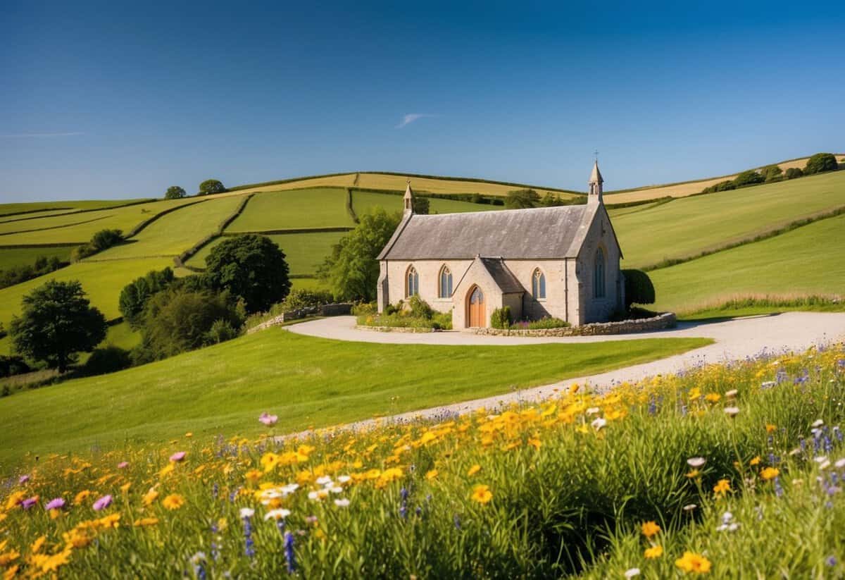 A picturesque countryside setting with a quaint stone church nestled among rolling hills, surrounded by colorful wildflowers and a clear blue sky
