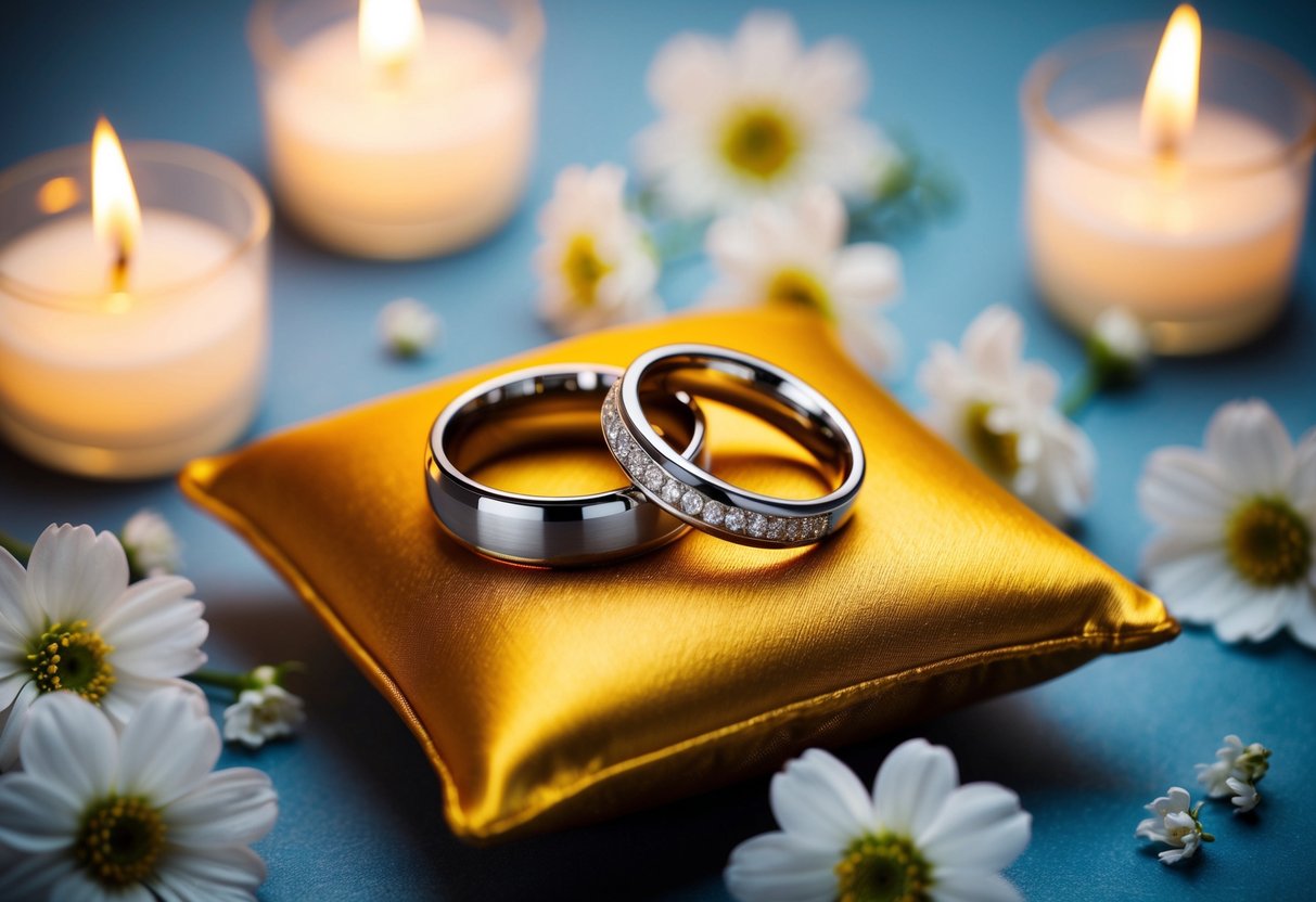 Commitment, unity, love: two intertwined rings on a golden pillow, surrounded by delicate white flowers and flickering candlelight