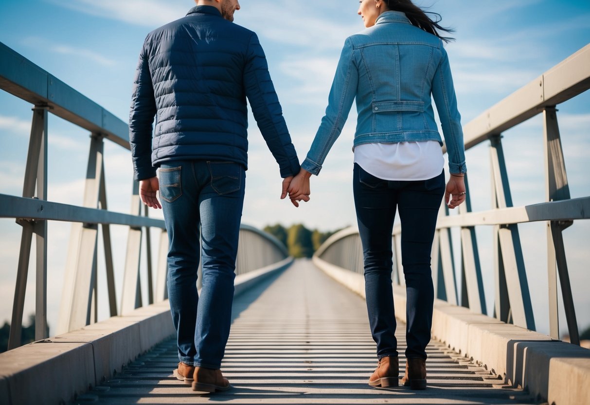 A couple standing on a narrow bridge, facing an obstacle. They hold hands and look ahead with determination