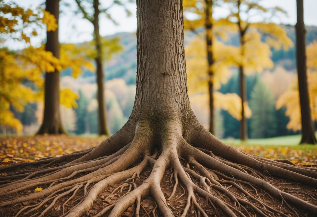 A tree with roots entwined, surrounded by changing seasons
